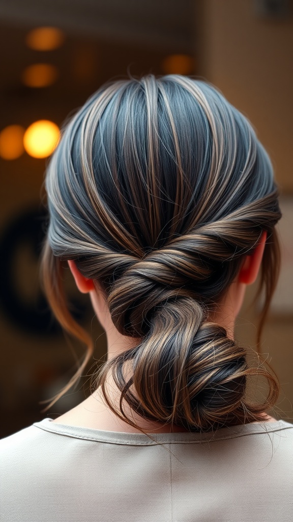 A stylish low ponytail with twists, featuring a mix of hair colors.