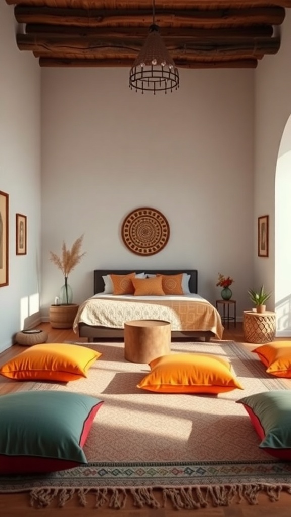 A Moroccan-inspired bedroom featuring low seating and colorful floor cushions on a patterned rug.