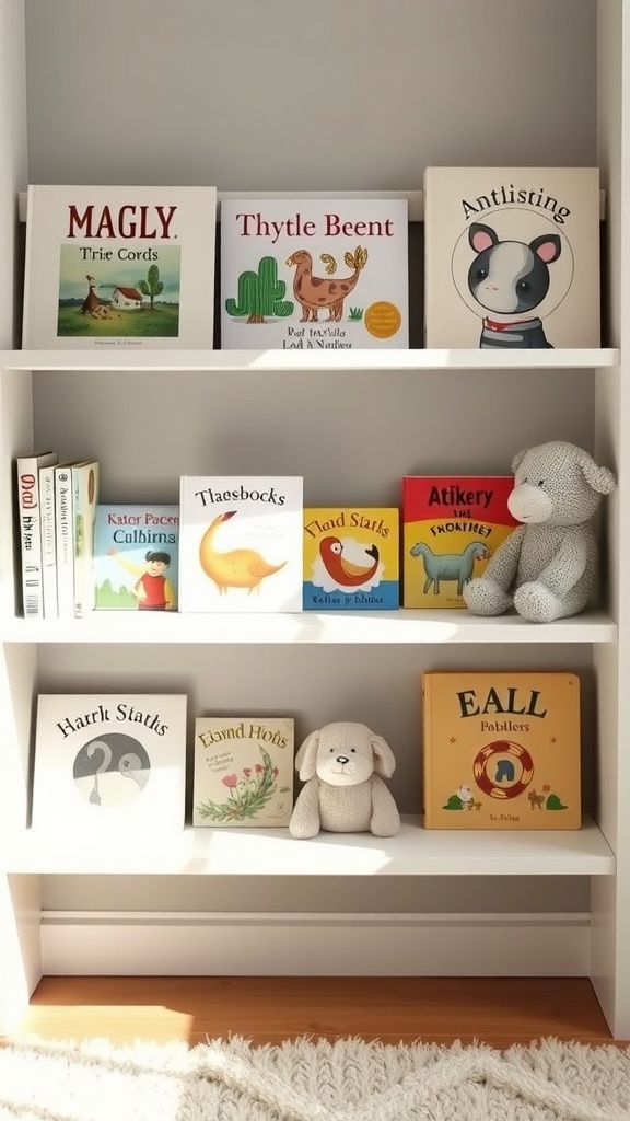 A nursery bookshelf with low shelves displaying colorful children's books and plush toys.