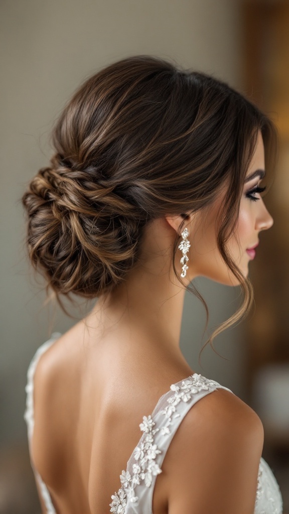 A woman with a low side bun bob hairstyle, showcasing elegant earrings and intricate hair details.