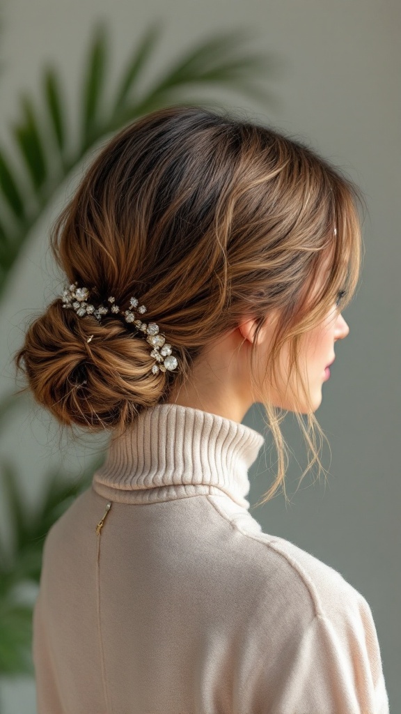 A woman with a low side bun hairstyle adorned with accessories, wearing a turtle neck.