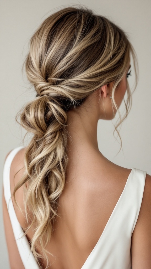 A woman with a low side ponytail hairstyle featuring soft waves and a twisted section, showcased from the back.