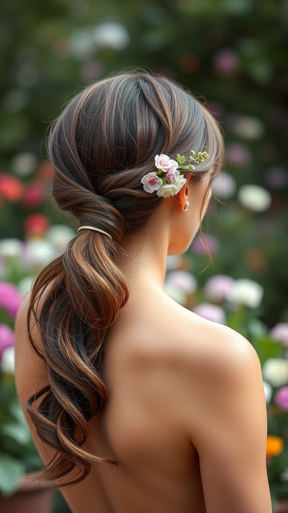 Low side ponytail hairstyle with floral accents, featuring soft waves and pink flowers.