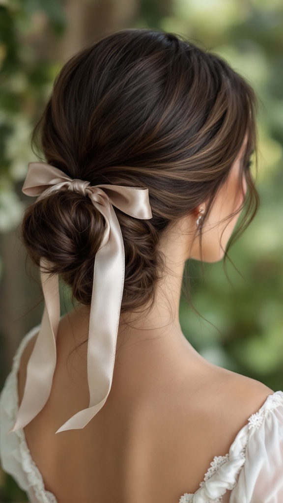 A bride with a low side ponytail hairstyle featuring a ribbon.