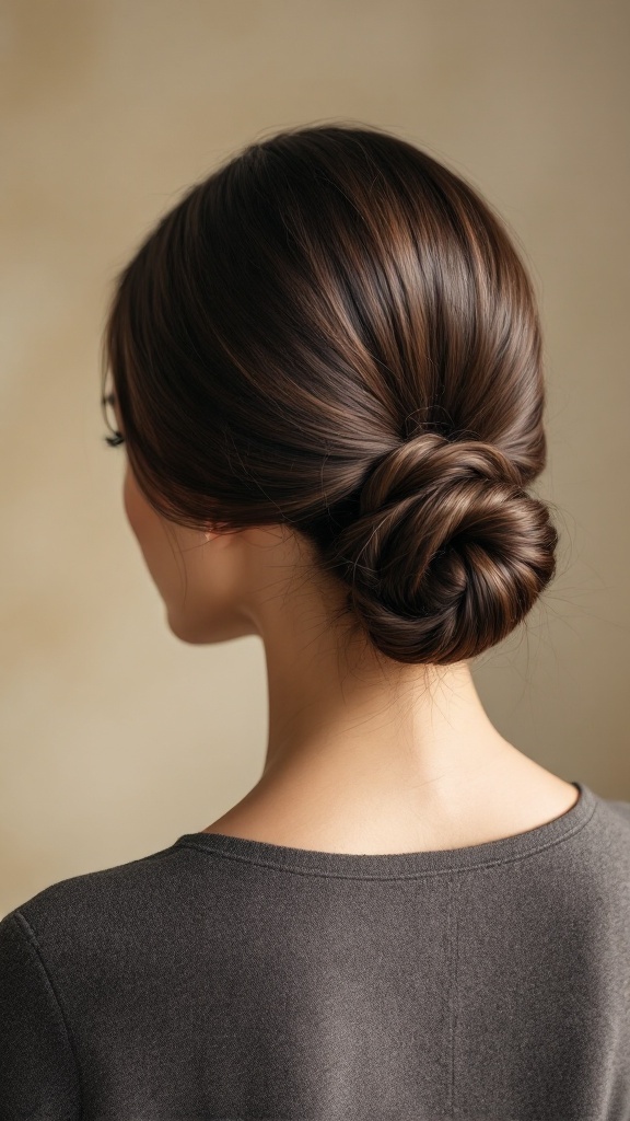 A low sleek bun hairstyle, featuring a twisted design, viewed from the back.