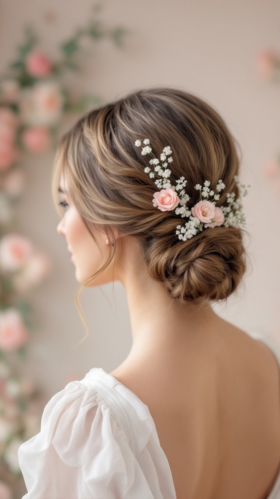 A bride with a low twisted bun hairstyle adorned with baby's breath and pink roses.