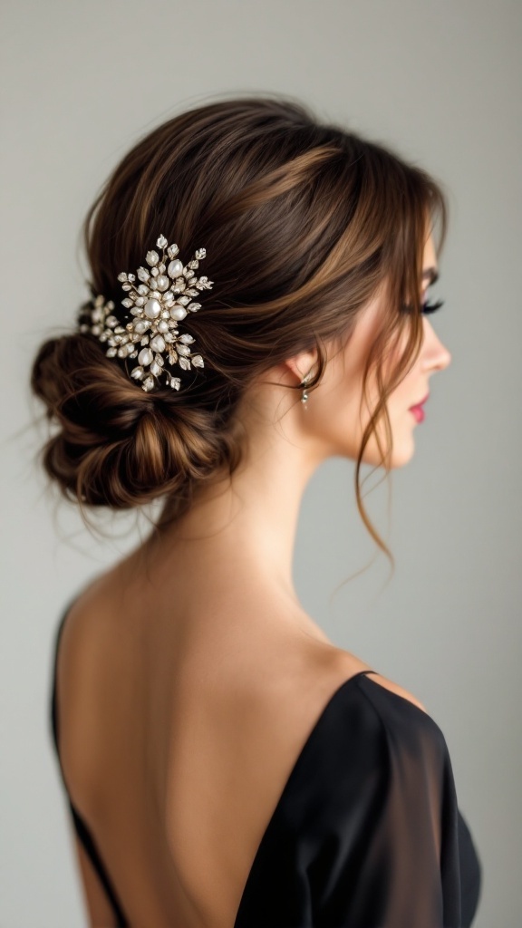 A woman with a low updo hairstyle adorned with a vintage brooch, showcasing elegance and sophistication.