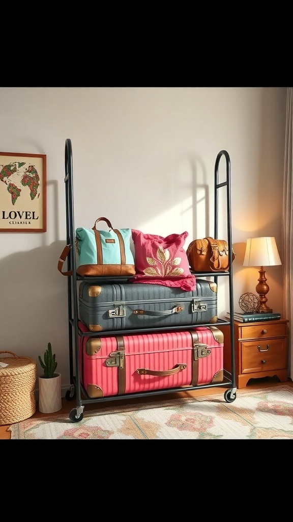 Colorful luggage rack with suitcases and bags in a cozy bedroom setting.