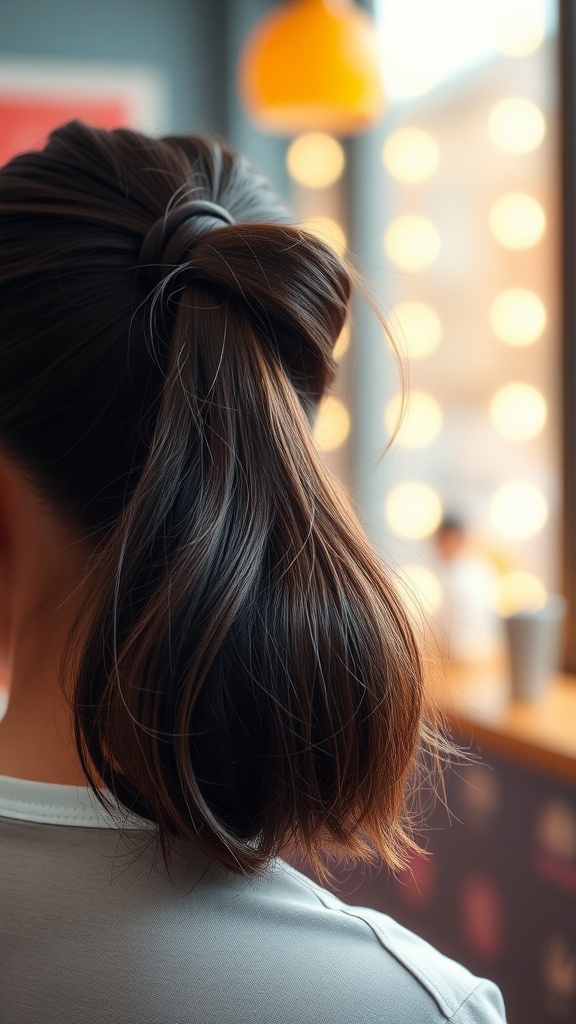 A close-up view of a luminous bubble ponytail hairstyle, featuring a playful design with hair ties creating bubbly shapes.