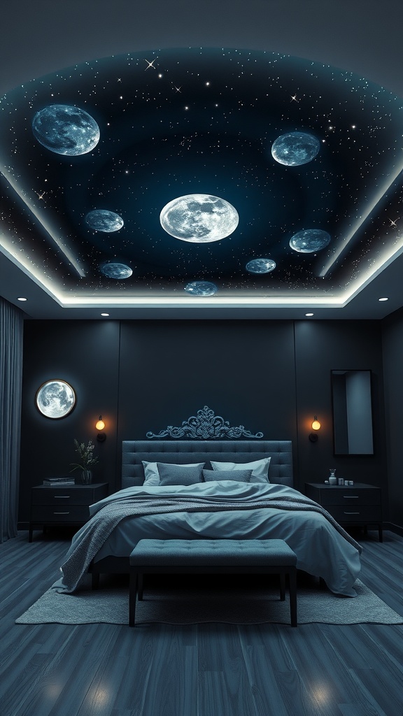 A bedroom with a painted ceiling depicting celestial bodies, featuring a dark color scheme and soft lighting.