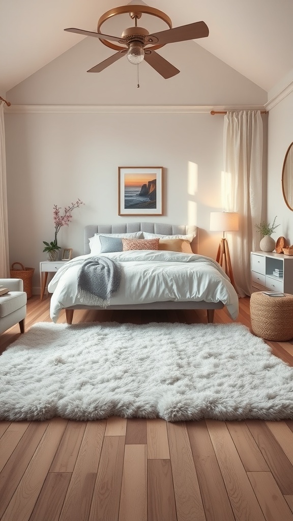 A cozy bedroom featuring a fluffy white area rug on wooden flooring, with a bed, nightstands, and decorative elements.