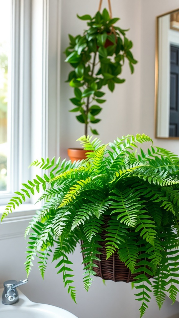 A lush Boston Fern hanging in a bright bathroom with natural light