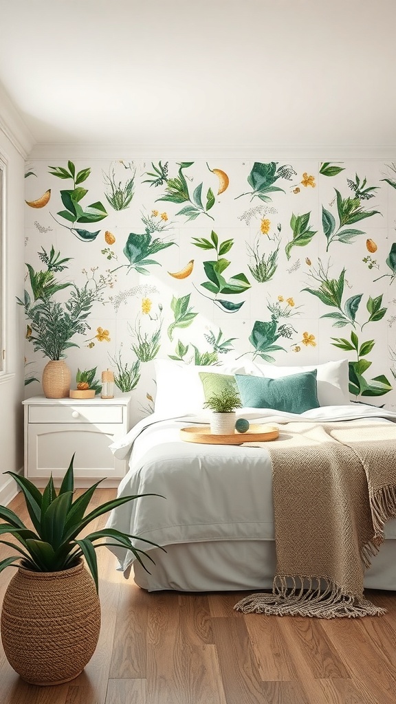 A kitchen with a lush botanical print backsplash featuring green leaves and yellow flowers.