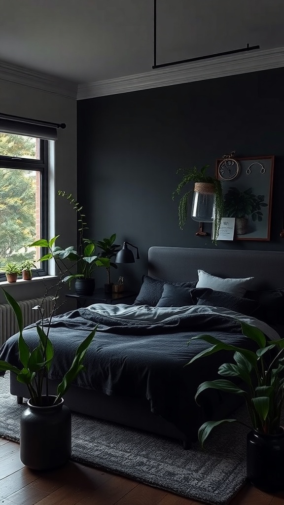 A goth bedroom featuring dark green plants, a grey bed, and dark walls.