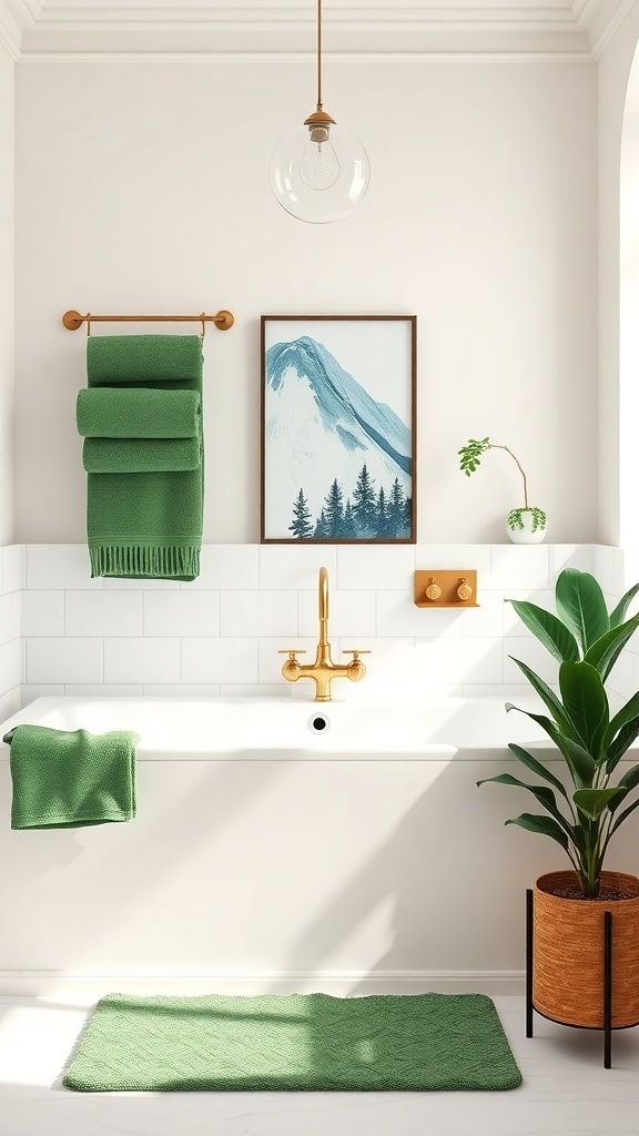 A bright bathroom featuring green towels, a green rug, and a plant, with gold fixtures.