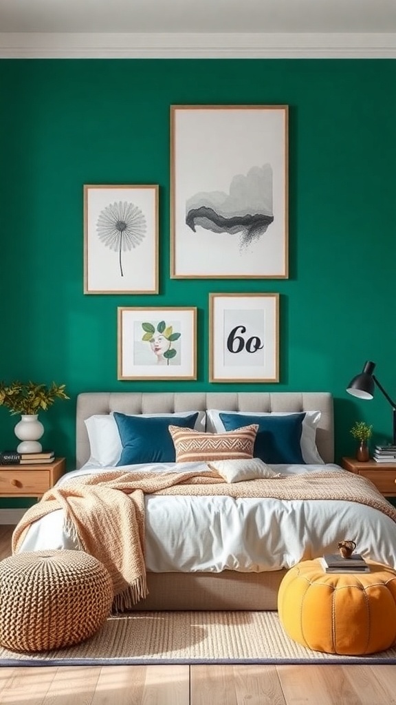 A cozy bedroom featuring a vibrant green accent wall, stylish artwork, and warm bedding.