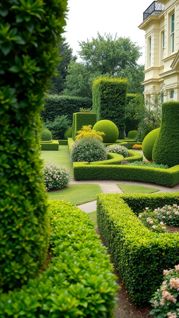 An elegant Victorian front garden featuring well-maintained green hedges and colorful flower beds.