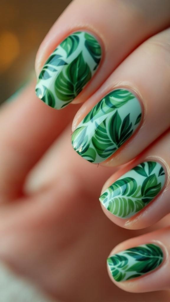 Close-up of nails with green leaf motifs on a light background, showcasing a tropical theme.