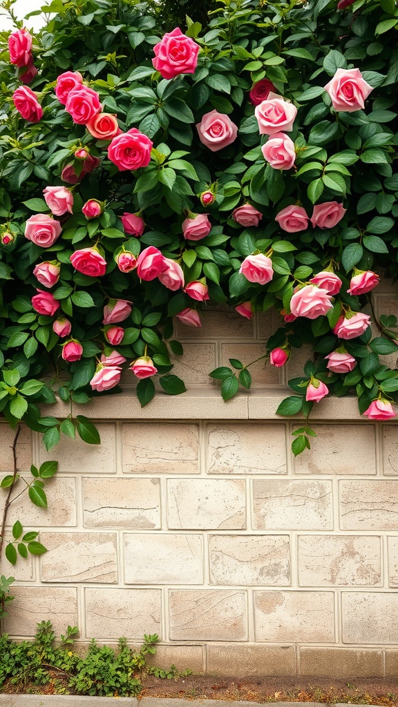 A wall covered with pink climbing roses and lush green leaves.