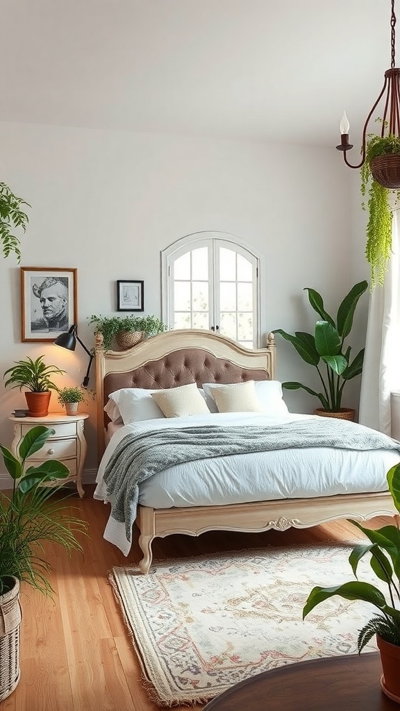 A cozy French country bedroom with a bed, indoor plants, and natural light.