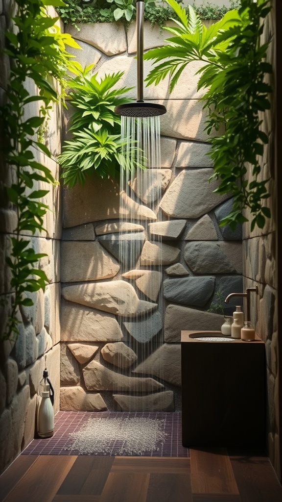 A stone shower surrounded by lush green plants and a modern sink.