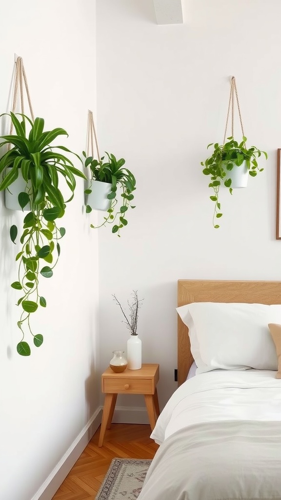 Bedroom with wall planters featuring lush greenery and a cozy bed.