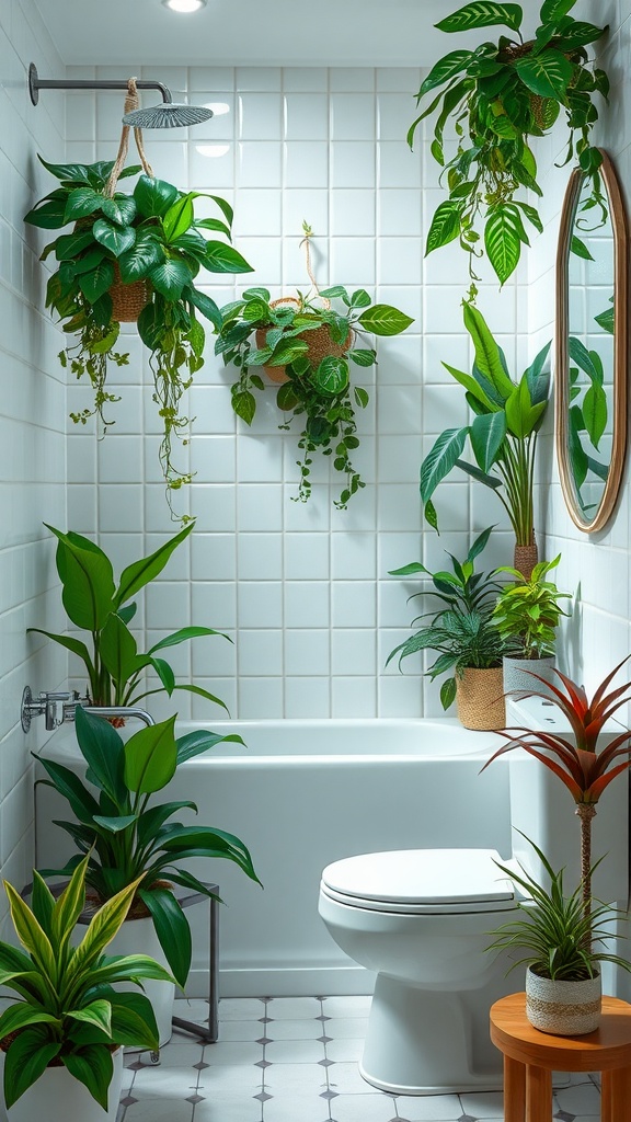 A bathroom with various indoor plants including hanging and potted varieties, creating a lush green atmosphere.
