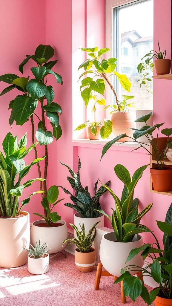 A bright corner filled with various indoor plants in white and terracotta pots against pink walls.