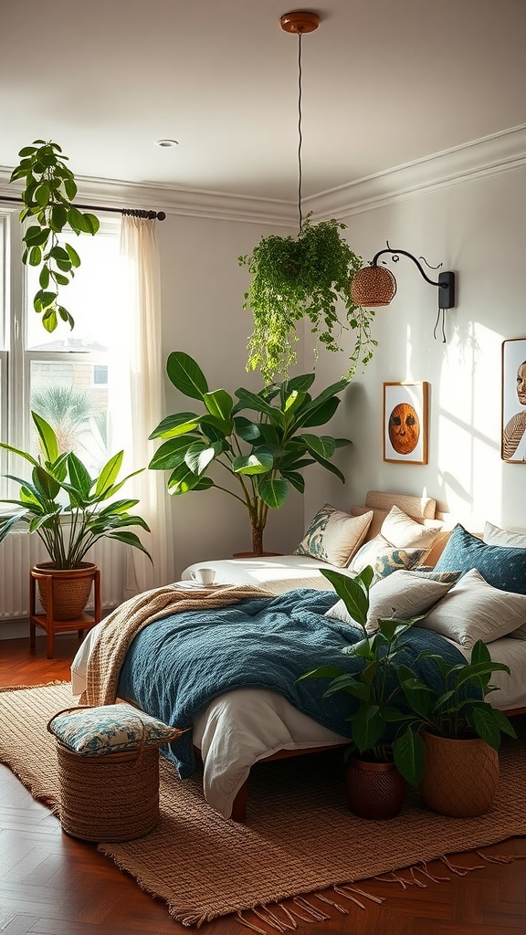 A cozy bedroom with lush indoor plants, decorated for Valentine's Day.