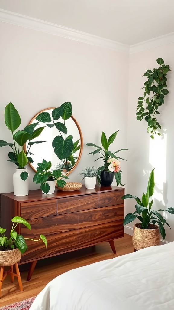 A cozy bedroom with a wooden dresser adorned with various indoor plants and a round mirror.