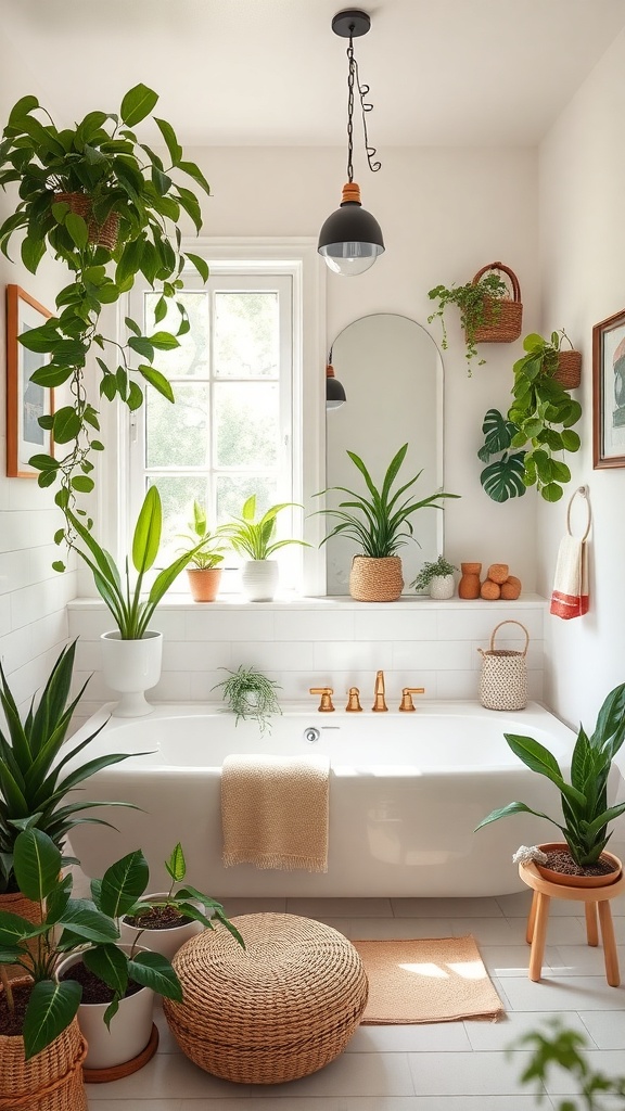 A bright bathroom filled with various indoor plants, featuring a bathtub, woven baskets, and natural decor.