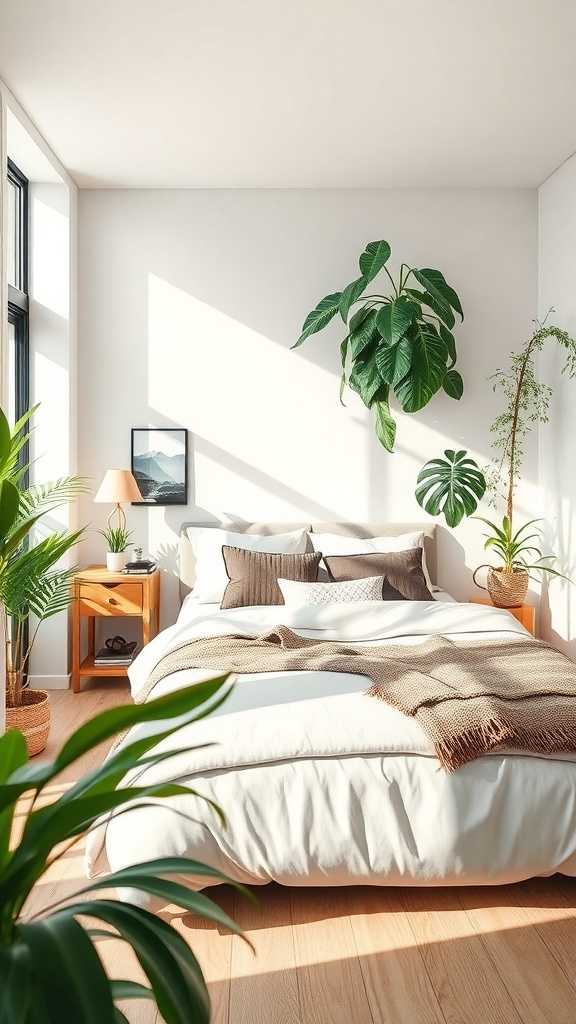 A bright bedroom featuring a large bed with white bedding, surrounded by various indoor plants, including a hanging plant and smaller potted plants.