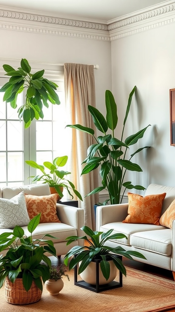 A cozy living room decorated with various indoor plants, showcasing a relaxed and inviting atmosphere.