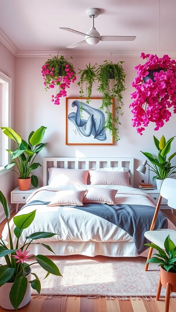 A pink-themed bedroom featuring lush green plants and vibrant pink flowers hanging from the ceiling.