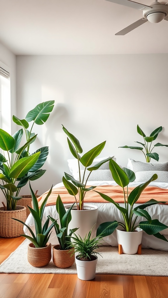 A tropical bedroom featuring lush plant arrangements with various plants in decorative pots beside a bed with orange bedding.