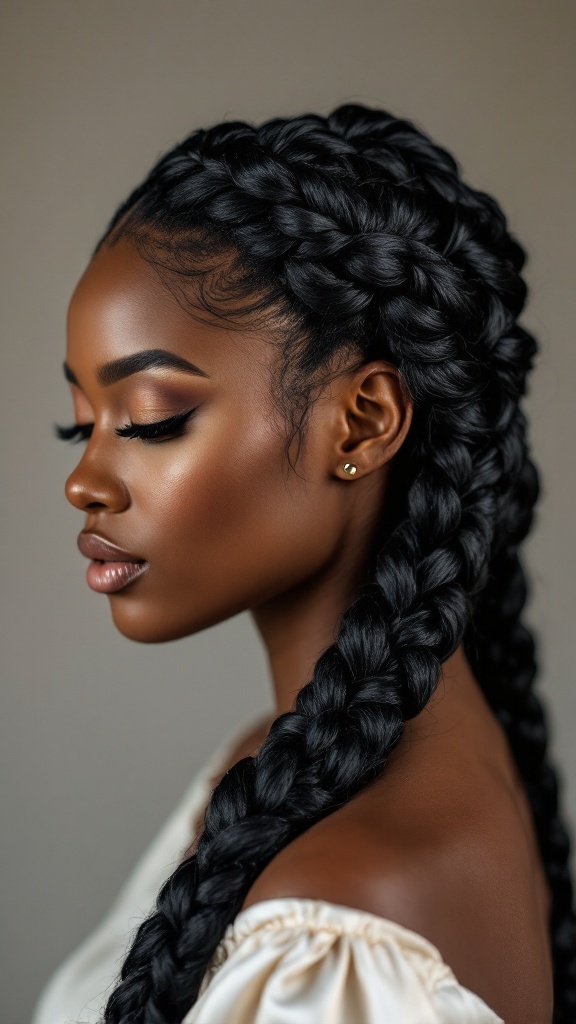 A close-up of a woman with two elegant braids, showcasing a luxe braided crown hairstyle.