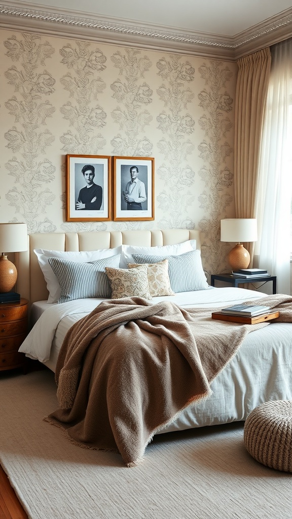 A cozy preppy bedroom featuring layered textiles, including a soft throw blanket, striped pillows, and a neutral rug.