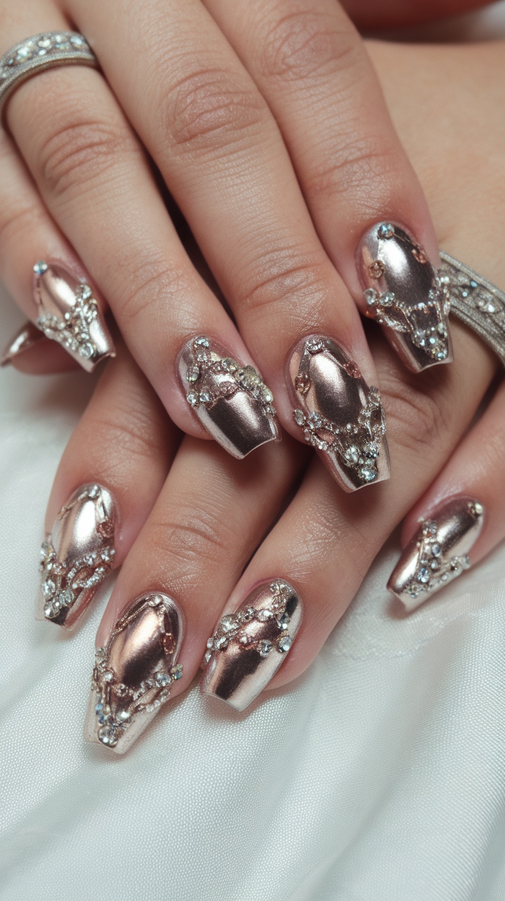 Close-up of a woman's hand showcasing metallic nails with intricate designs and rings, set against a neutral background.