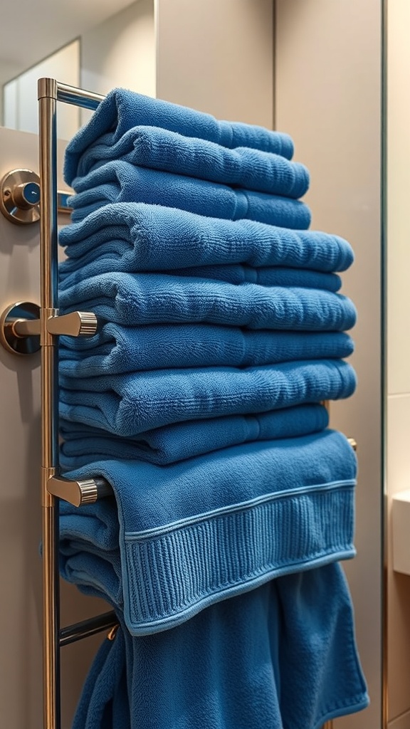 Stack of luxurious blue towels on a towel rack in a modern bathroom