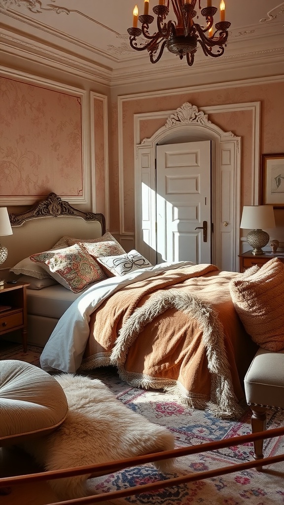 A cozy, elegantly designed bedroom featuring warm tones, layered textures, and soft furnishings.