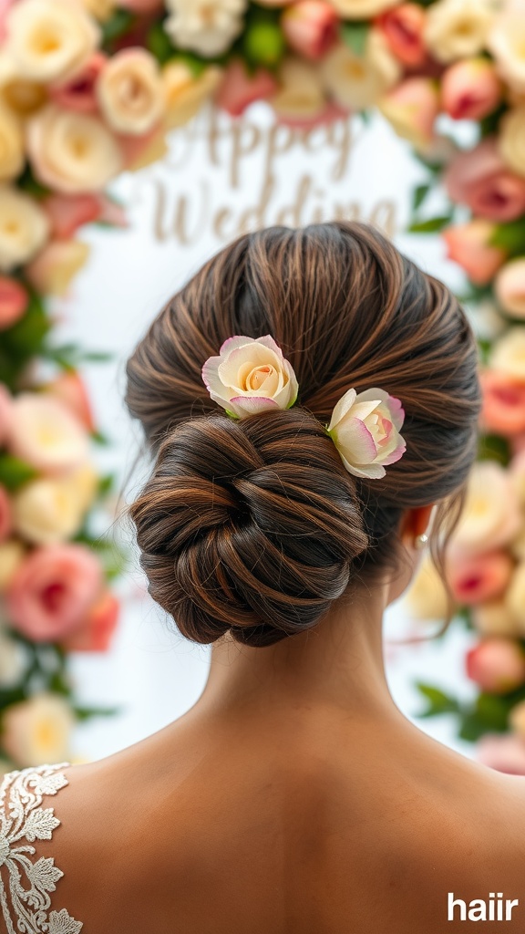 A luxe twisted bun hairstyle adorned with fresh blooms, set against a floral backdrop.