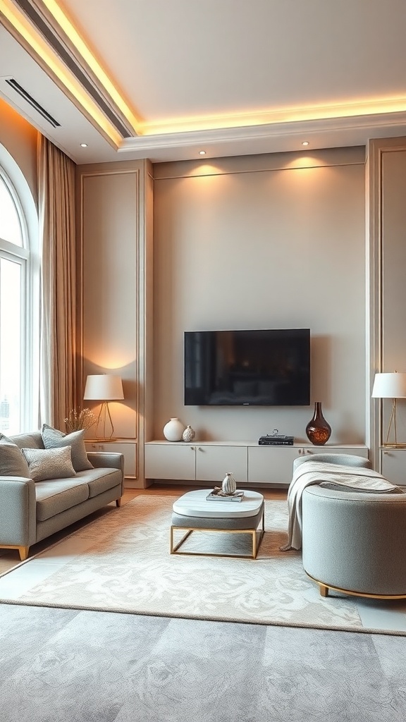 A modern living room featuring a luxe upholstered wall unit with soft furniture, warm lighting, and a stylish decor.