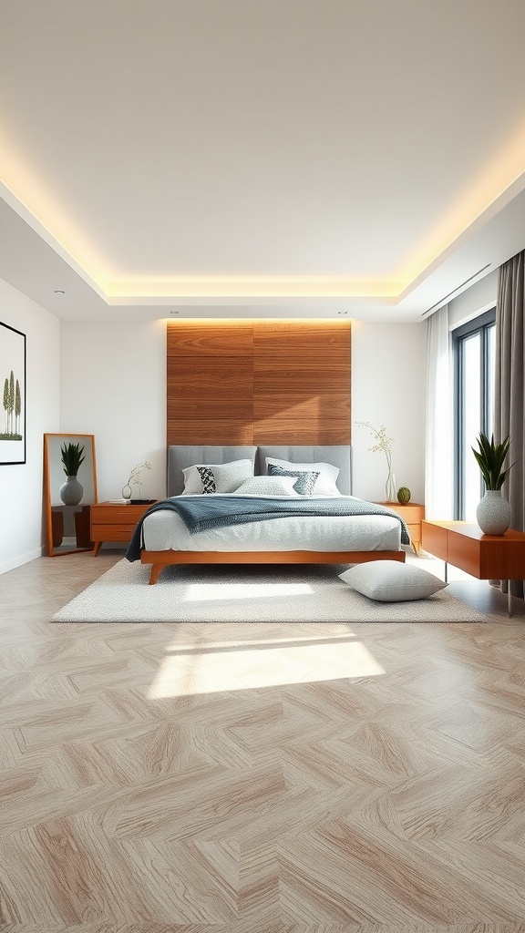A modern bedroom featuring herringbone-patterned luxe vinyl flooring, wood accents, and a bright atmosphere.