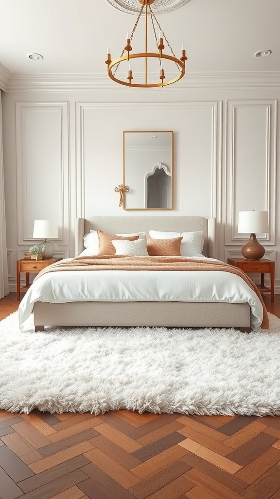 A luxurious master bedroom featuring a plush white area rug, elegant bed, and stylish decor.