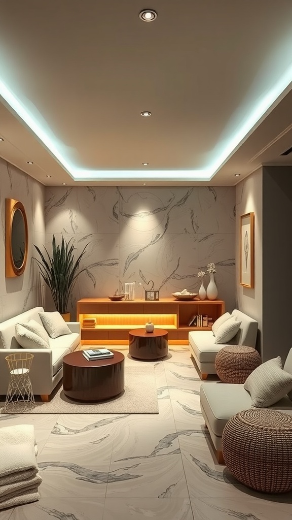 A luxurious and cozy basement living room featuring soft-colored sofas, wooden accents, and elegant decor elements.