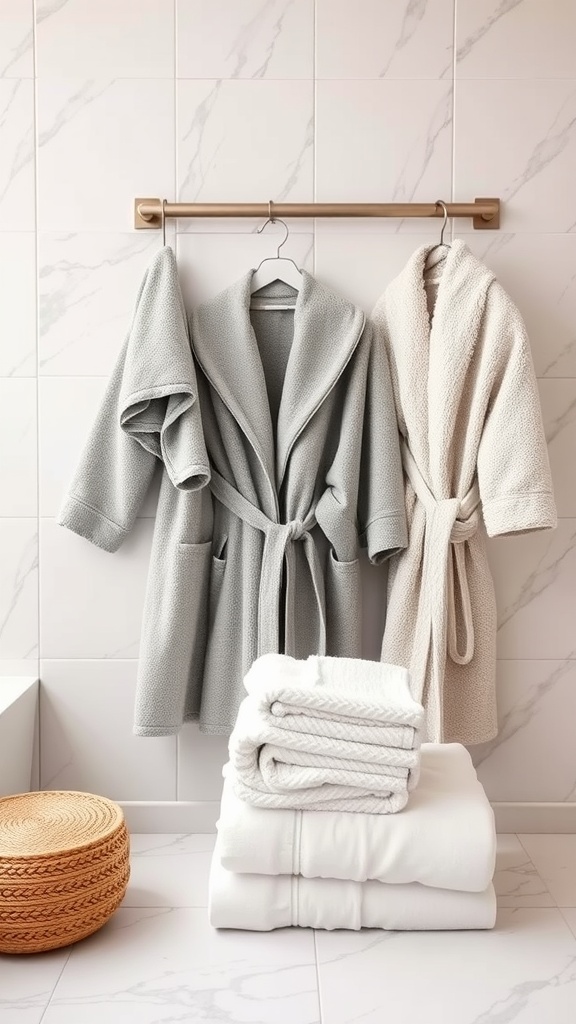 A collection of soft bath robes and towels in a luxurious bathroom setting.