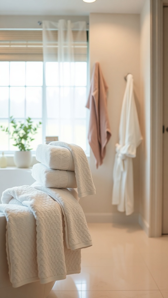 Luxurious bath linens including stacked white towels and hanging robes in a serene bathroom setting.
