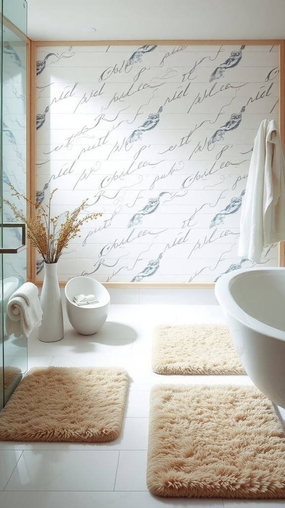 A modern bathroom featuring plush beige bath mats, fluffy towels, and a serene atmosphere.