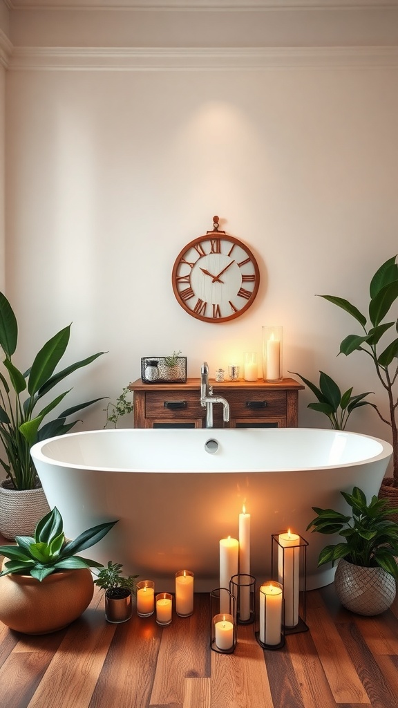 A luxurious freestanding bathtub surrounded by candles and plants in a serene bathroom setting.