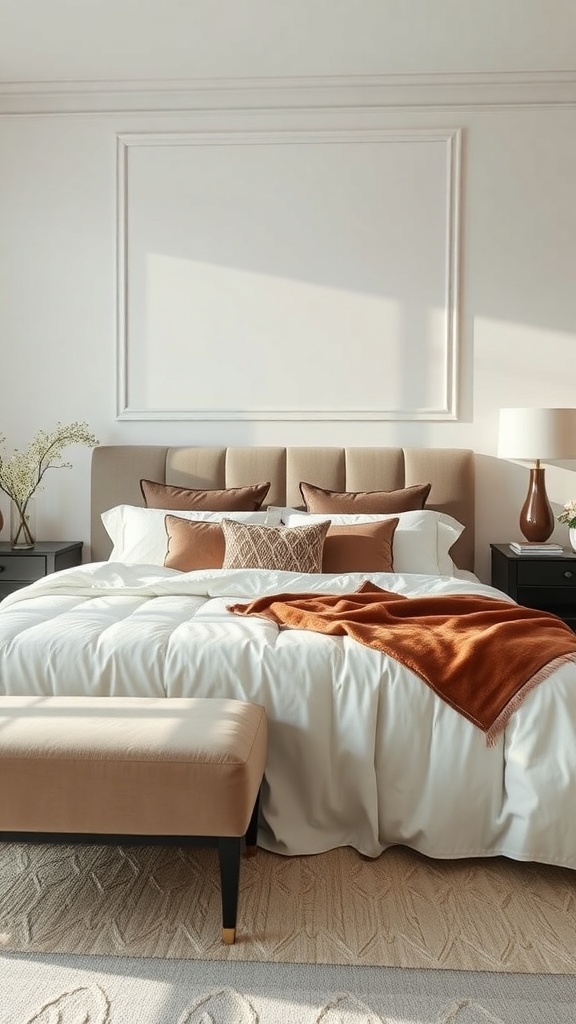A stylish bedroom featuring luxurious bedding with a neutral color palette and a pop of orange.
